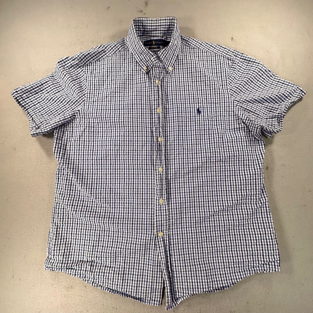 Polo Ralph Lauren Mens Blue Gingham Seersucker Short Sleeve Shirt Large L